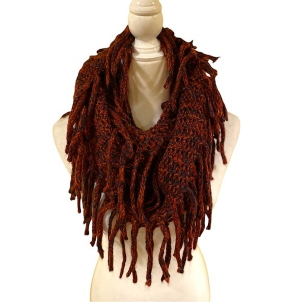 5 for $25 ❄️ Knit Infinity Scarf Orange Black Fringe
